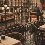 Visiter une capitale européenne : ruelle pavée vintage, terrasse et tramway