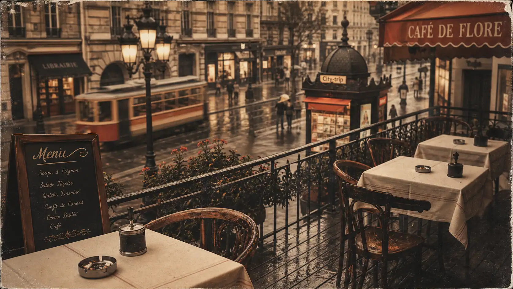 Visiter une capitale européenne : ruelle pavée vintage, terrasse et tramway