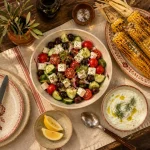Accompagnement barbecue rapide : salade grecque, maïs grillé et sauce yaourt-citron