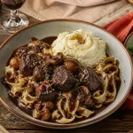 Accompagnement boeuf bourguignon avec pommes de terre, pâtes et légumes