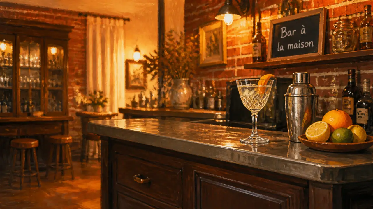 Bar à la maison compact en chêne foncé avec comptoir zinc
