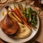 Confit de canard accompagnements : purée céleri-rave, légumes rôtis, mâche aux noix