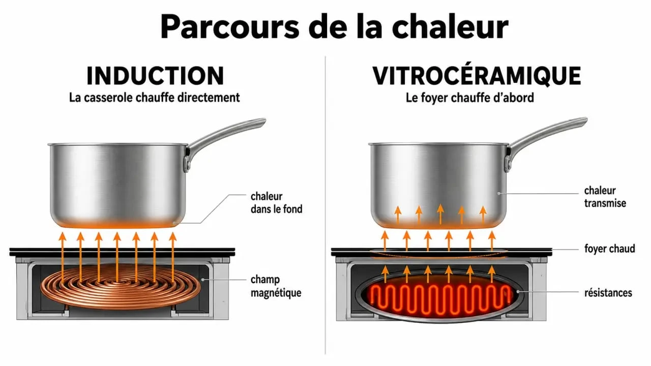 Différence induction et vitro : schéma de fonctionnement de la chauffe directe et de la chauffe par résistances