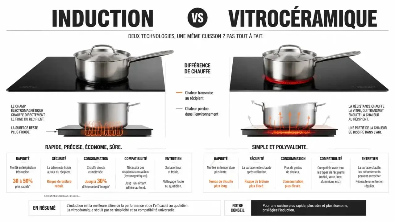 Différence induction et vitro : comparaison visuelle des plaques de cuisson selon rapidité, sécurité, consommation et compatibilité