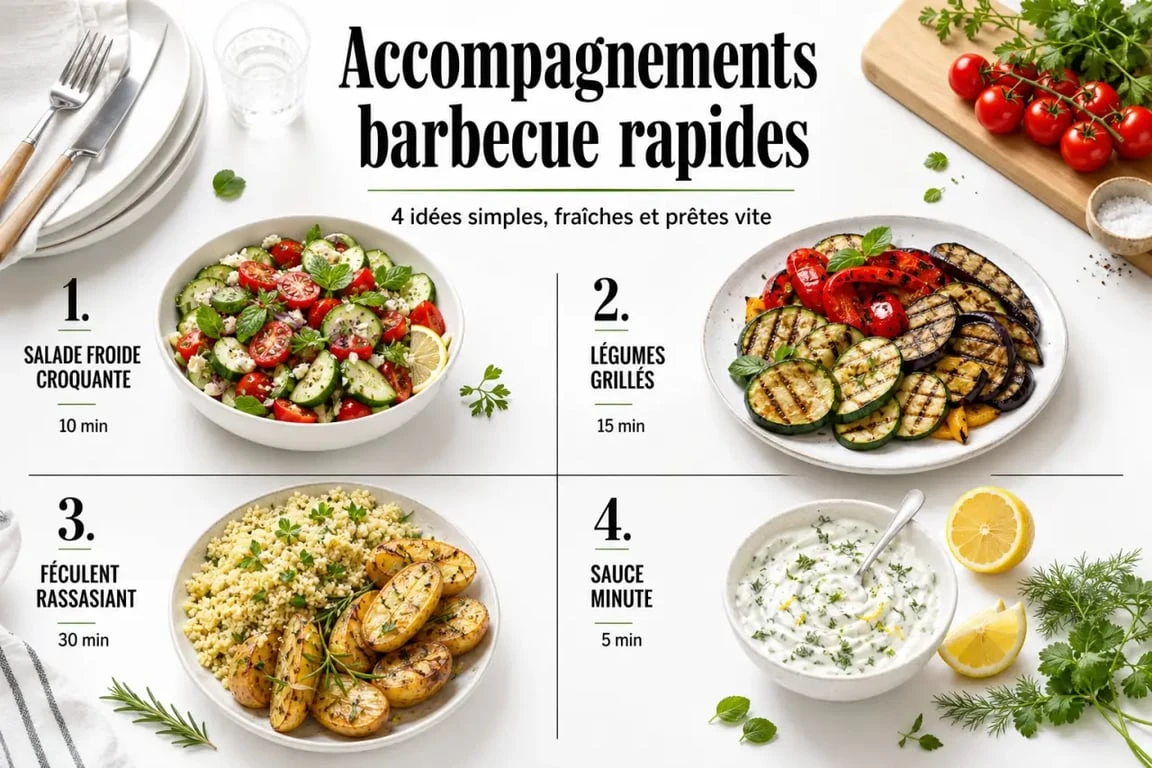 Accompagnement barbecue rapide : visuel des idées express avec salade, légumes, féculents et sauce