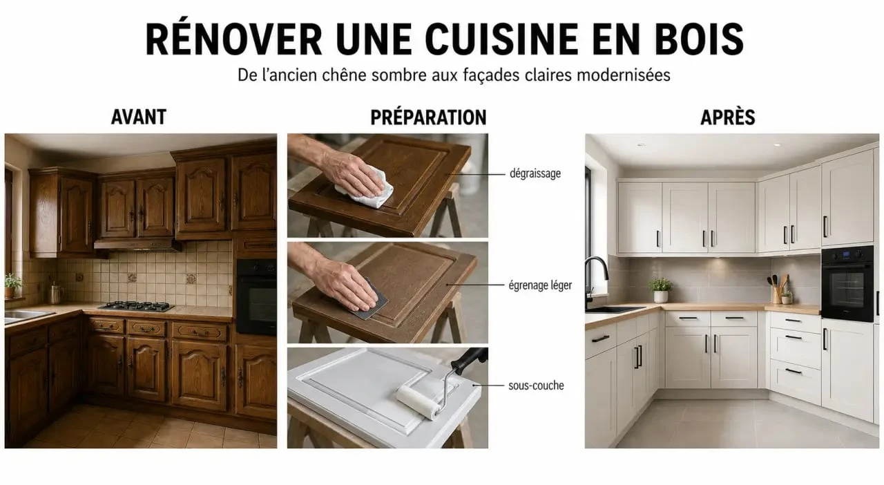Renover une cuisine en bois : avant/après d’une cuisine rustique modernisée avec peinture claire et nouvelles poignées