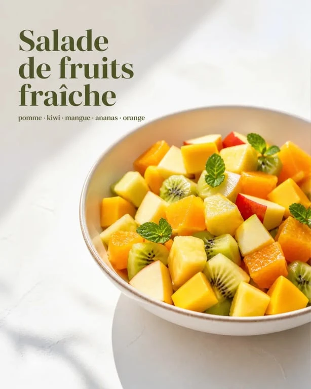 Salade au fruit recette servie dans un saladier avec des fruits frais colorés et de la menthe