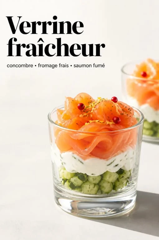 Entrée simple rapide en verrines concombre, fromage frais et saumon fumé, dressée en photo culinaire