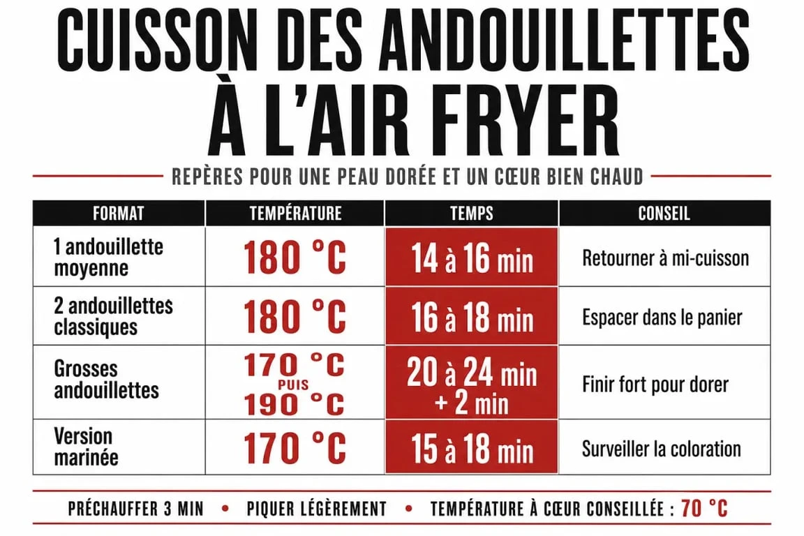 Temps et températures pour andouillettes air fryer selon le nombre de pièces