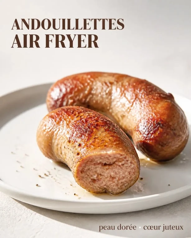 Andouillettes air fryer dorées et croustillantes dans une assiette dressée