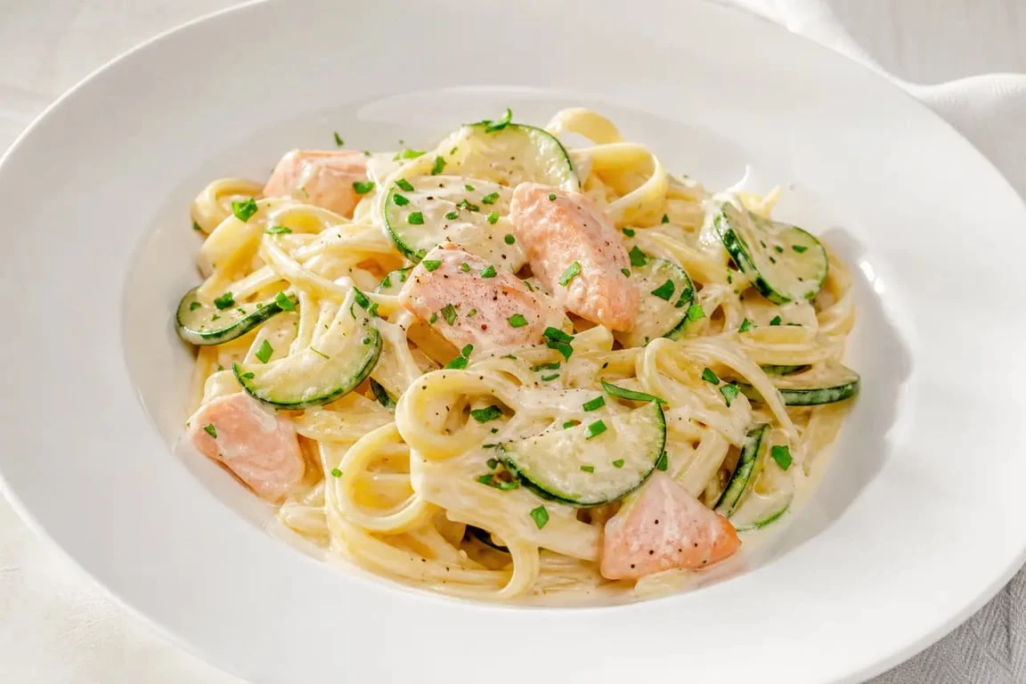 Recette boursin cuisine de pâtes crémeuses au saumon et à la courgette dans une assiette blanche