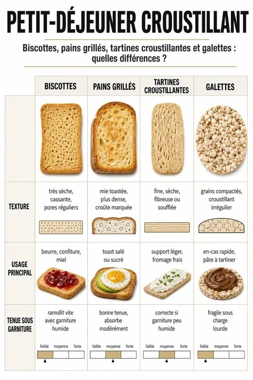 Infographie pain biscottes montrant les différences entre biscottes, pains grillés, tartines croustillantes et galettes