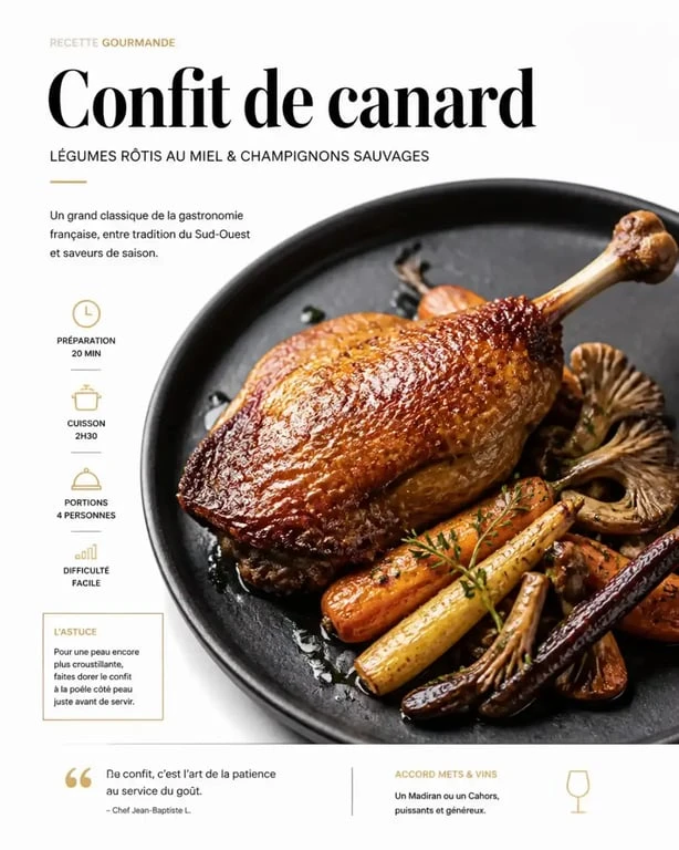 Cuisse de confit de canard avec ses accompagnements de légumes racines et champignons