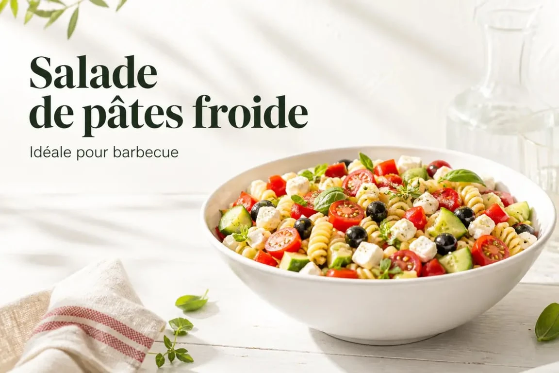 Salade pour barbecue de pâtes froides aux légumes croquants et feta, servie dans un grand saladier sur une table d’été