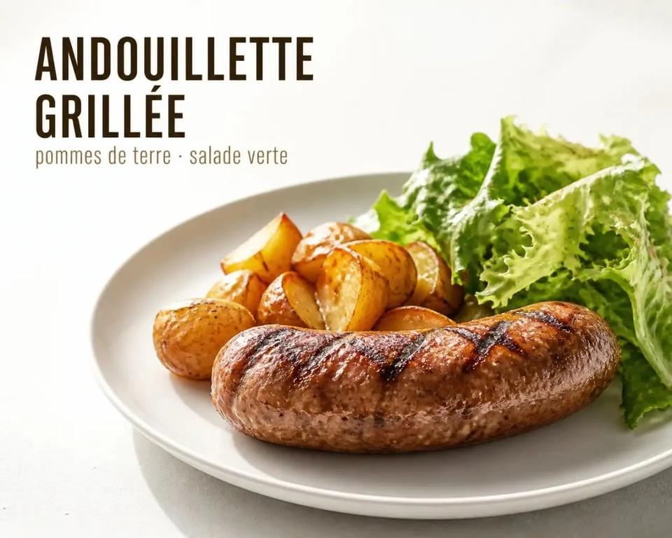 Cuisson andouille barbecue avec andouillette grillée dorée, servie avec accompagnements