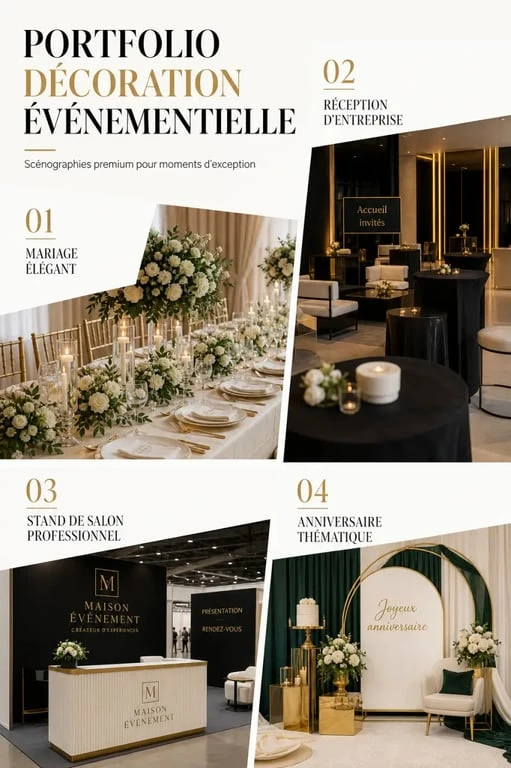 Décoration événementiel : quatre ambiances de mariage, soirée d’entreprise, salon et anniversaire dans une composition élégante
