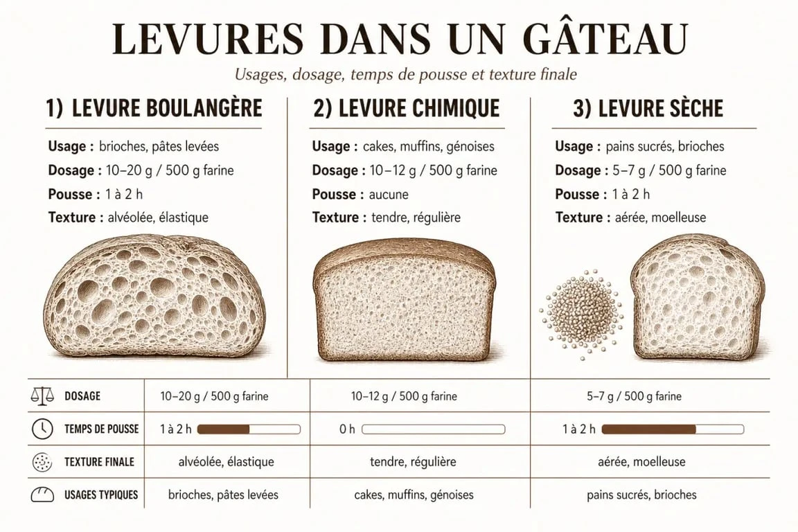 Comparatif levure boulangère pour gateau, levure chimique et levure sèche avec dosage, temps d’action et texture finale