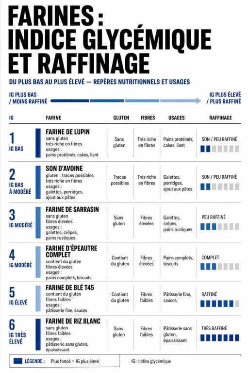 Infographie sur la meilleure farine selon l’indice glycémique, le degré de raffinage et les usages