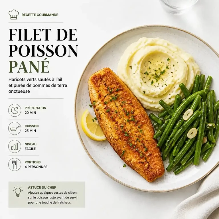 Assiette équilibrée avec poisson pané et accompagnement de légumes et purée