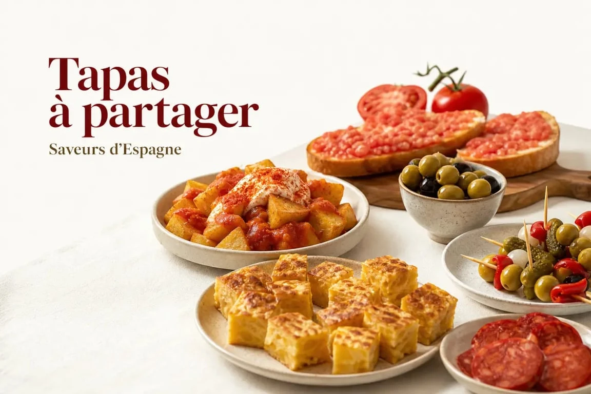 Recette des tapas espagnol : table de tapas espagnoles variées avec patatas bravas, tortilla et pan con tomate