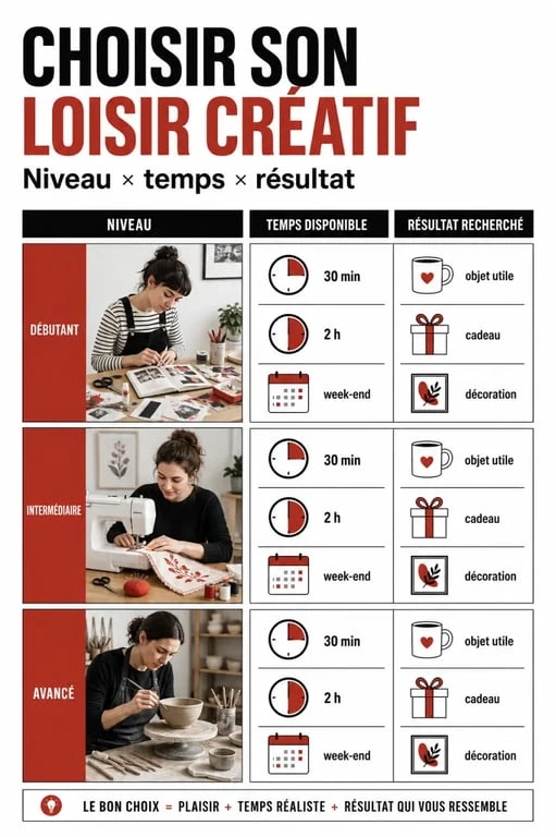 Loisirs créatifs adulte : visuel comparatif des activités selon niveau, durée et matériel