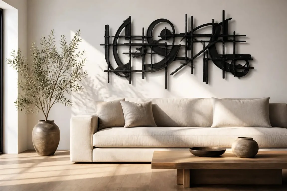 Décoration fer forgé intérieur dans un salon contemporain au-dessus d’un canapé