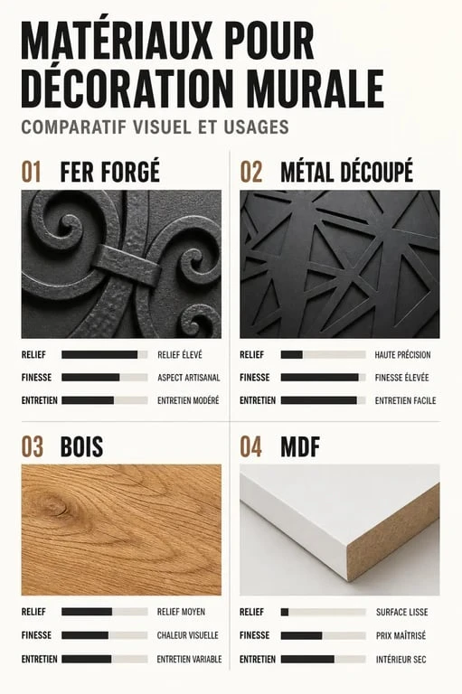 Comparatif décoration fer forgé intérieur, métal découpé, bois et MDF