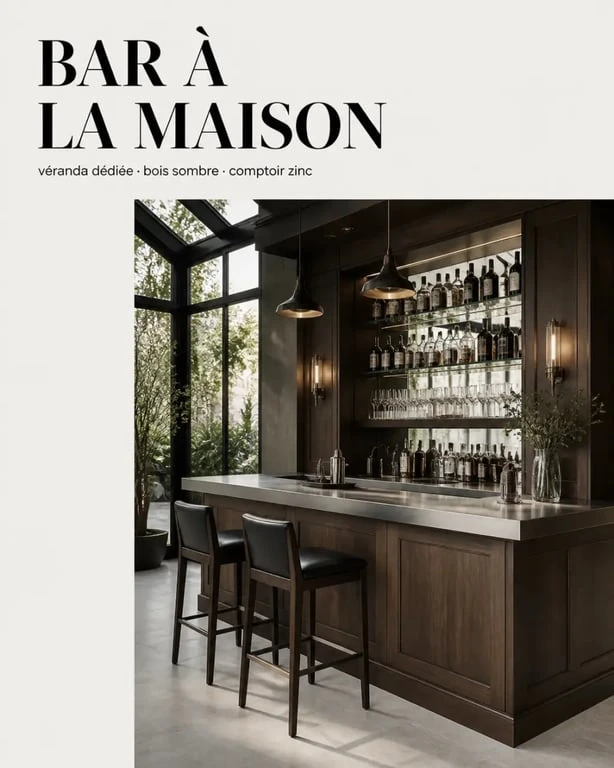 Bar à la maison en version lounge avec bois sombre et comptoir zinc