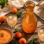 Photo jus d abricot maison : carafe, glaçons et pulpe d abricot