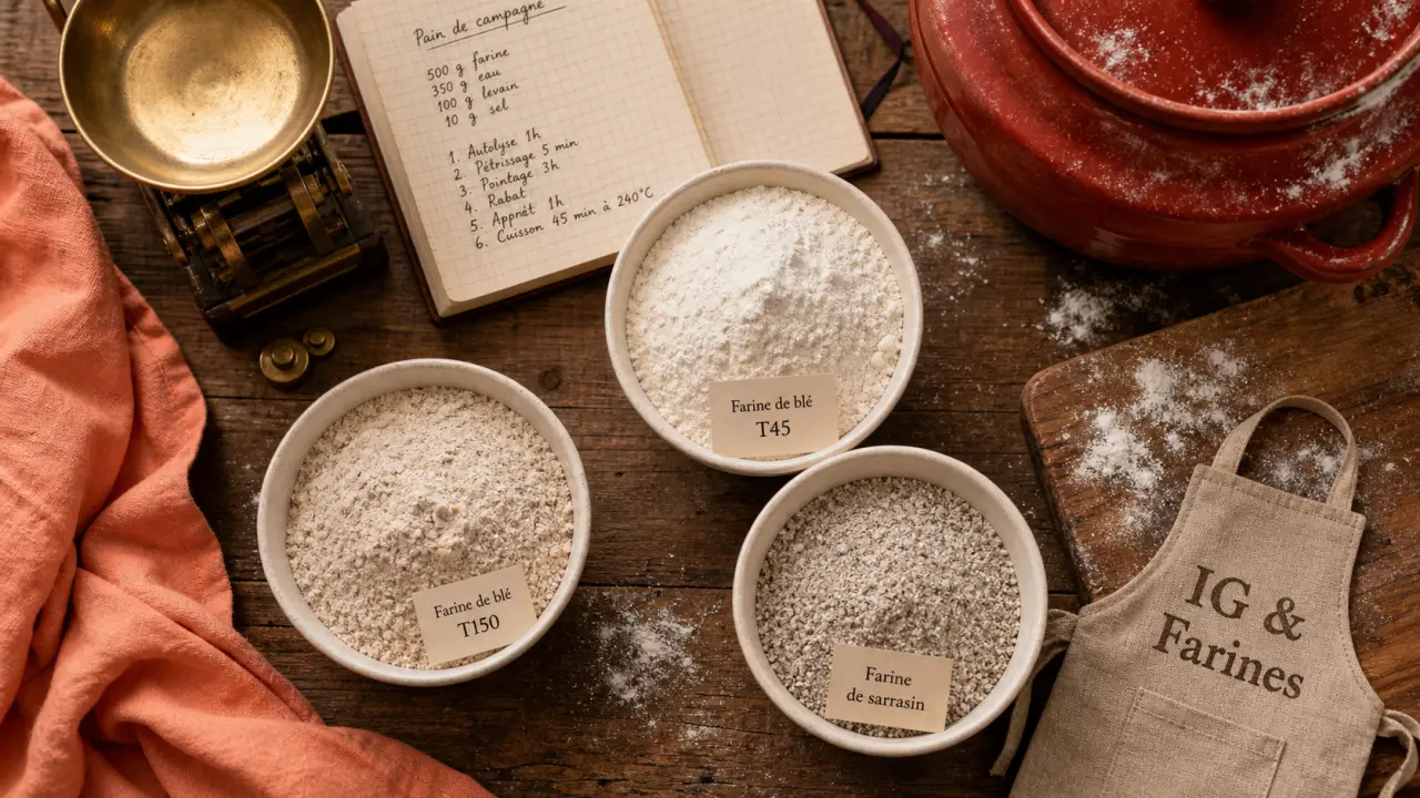 Meilleure farine selon IG, gluten et usage : trois farines sur table