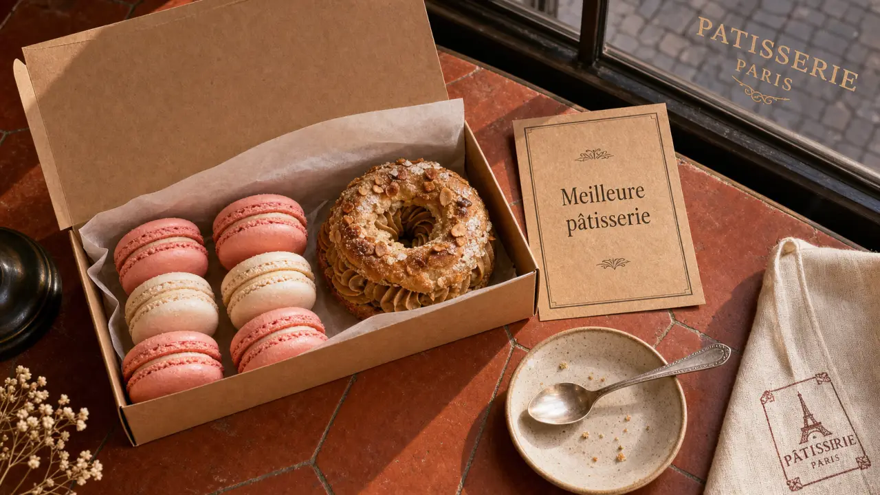 Meilleure patissier paris : boîte de macarons et Paris-Brest mini