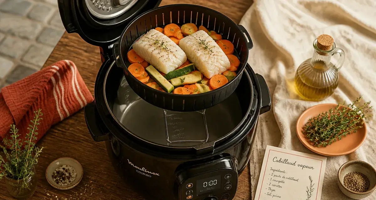 Cuisson vapeur au Cookeo : légumes et cabillaud cuits au panier vapeur