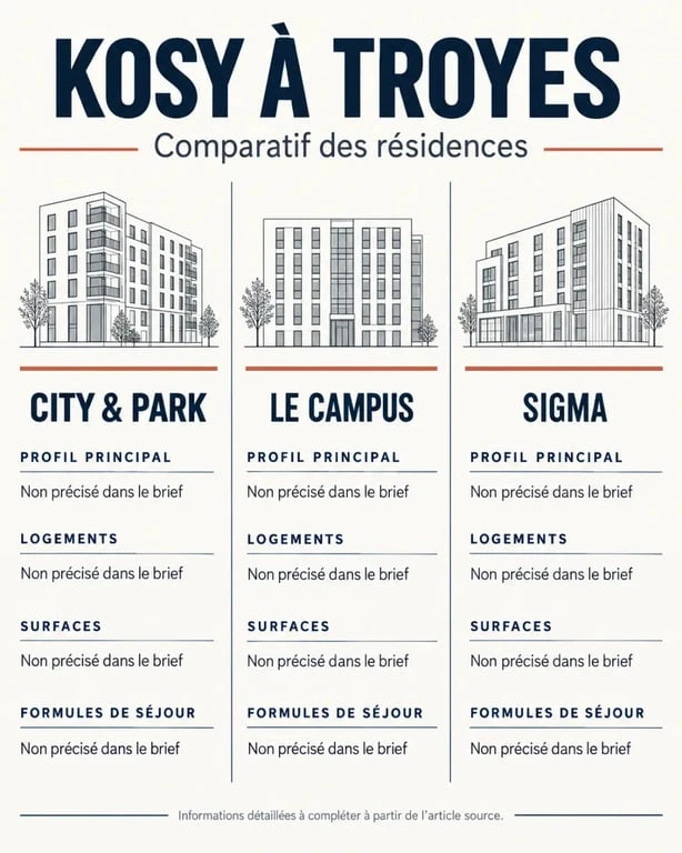 Infographie comparative des résidences KOSY appart hôtel Troyes City & Park, Le Campus et Sigma