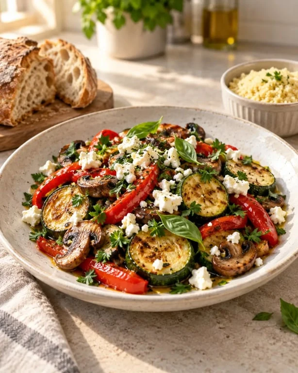 Recettes légumes faciles : poêlée de courgettes, poivrons et champignons à la feta