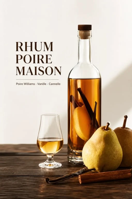 Rhum poire maison présenté en bouteille avec poires Williams, vanille et cannelle