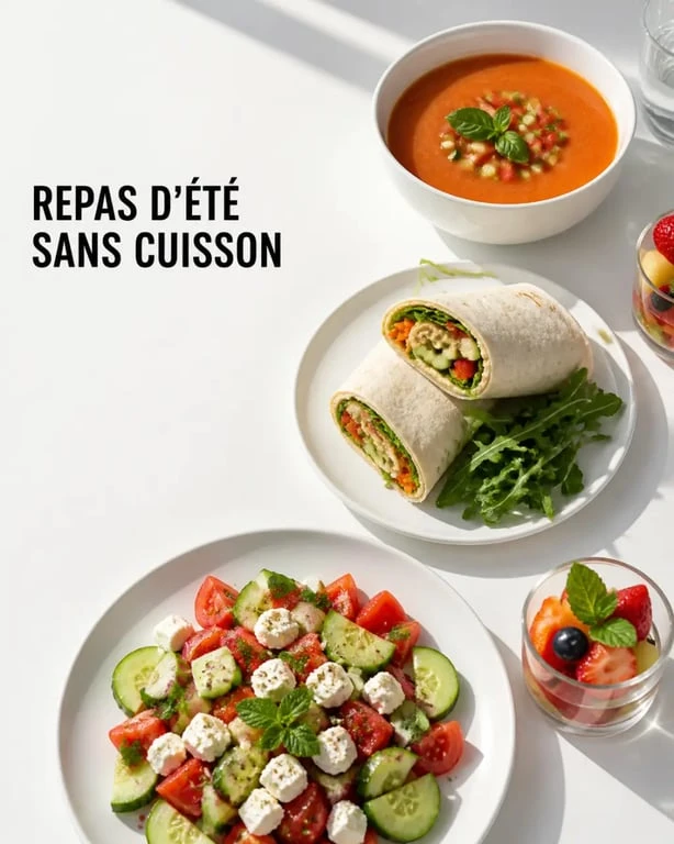 Sélection de plats sans cuisson sur une table d’été