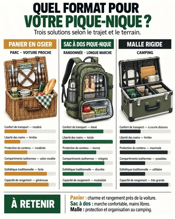 Infographie comparative des formats de panier picnic en osier, sac à dos et malle rigide