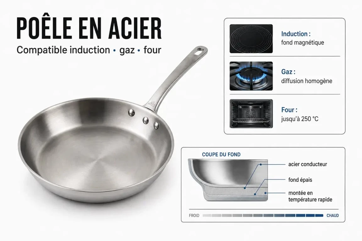 Poêle en acier compatible induction, gaz et four