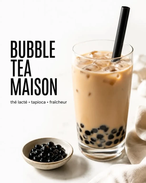 Recette bubble tea maison dans un grand verre transparent avec perles de tapioca