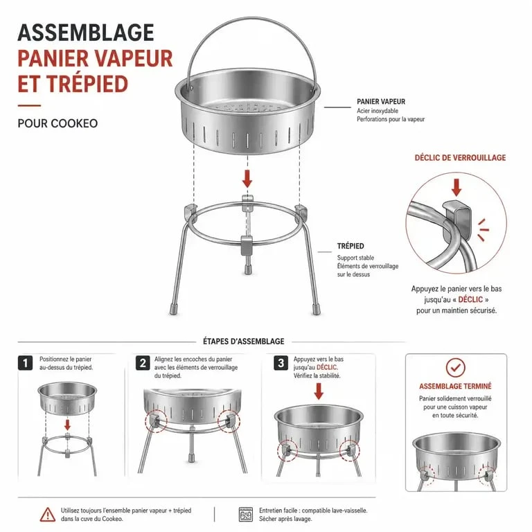 Installation du panier vapeur et trépied pour cuisson vapeur au Cookeo