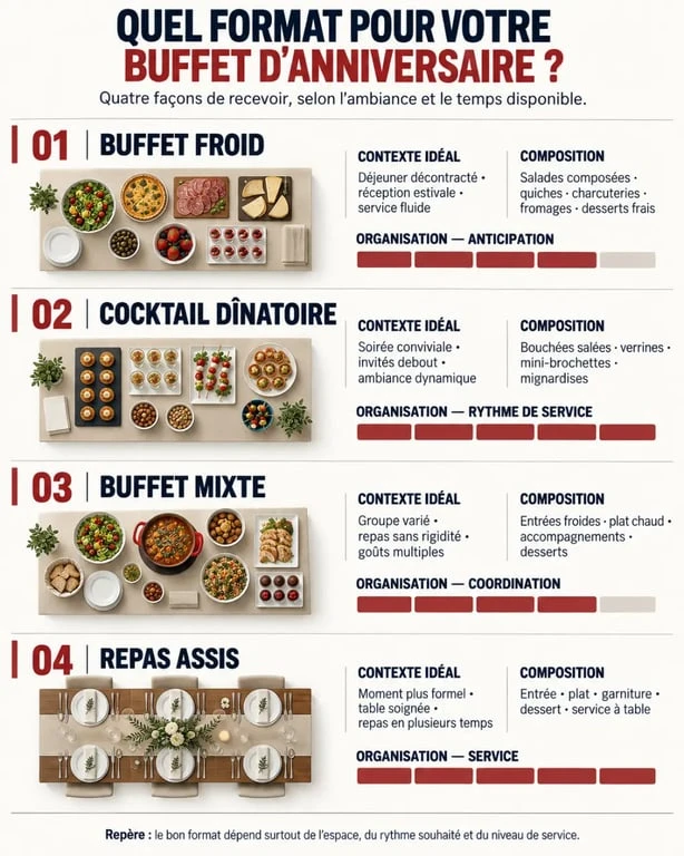 Infographie des formats de buffet anniversaire : buffet froid, cocktail dînatoire, buffet mixte et repas assis
