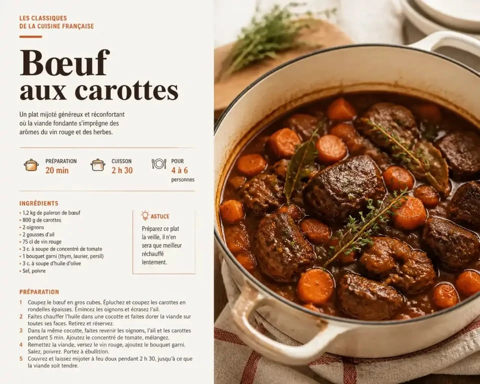 Bœuf aux carottes fondant cuisiné dans une cocotte en fonte pour un plat mijoté réussi