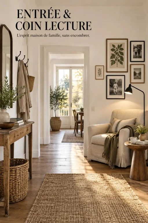 Déco maison de famille avec entrée personnalisée, mur de cadres et coin lecture éclairé
