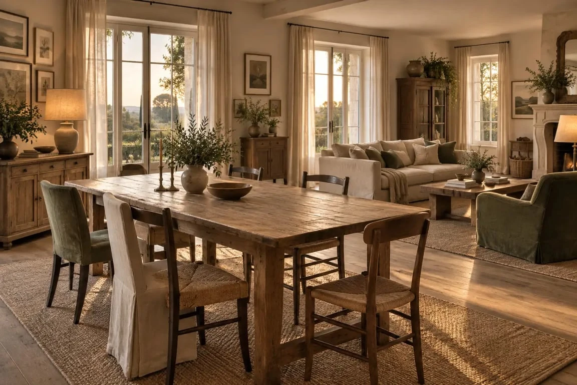 Déco maison de famille dans un salon-salle à manger chaleureux avec mobilier en bois et matières naturelles