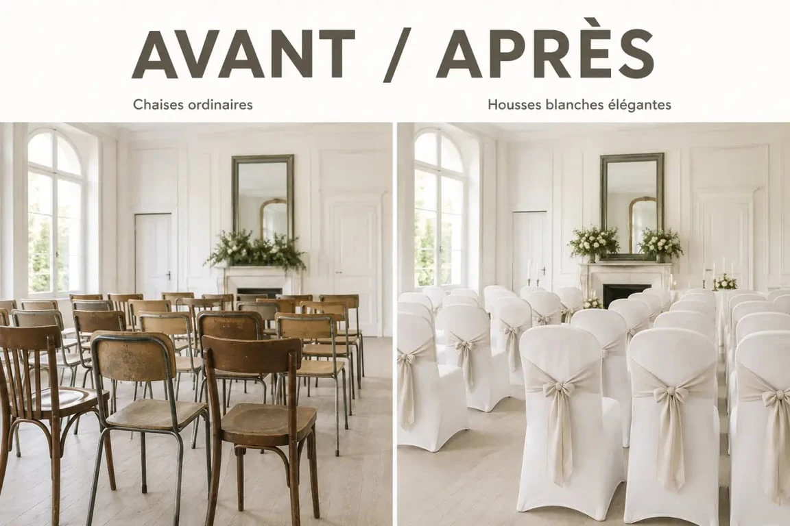 Avant/après d'une housse de chaise de mariage dans une salle de réception