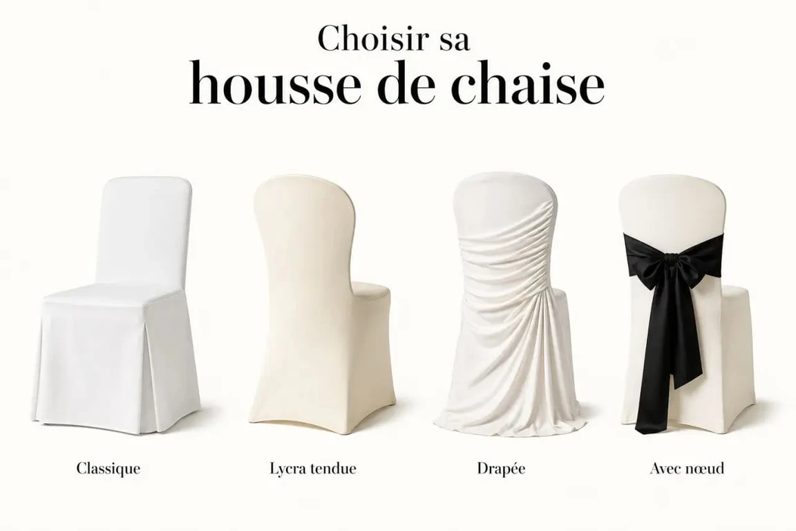 Comparatif visuel de housse de chaise de mariage selon les modèles et couleurs