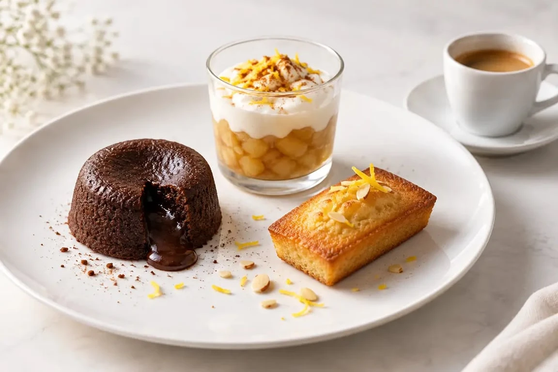 Recette café gourmand maison avec mini-fondant au chocolat, verrine pommes-cannelle et financier au citron