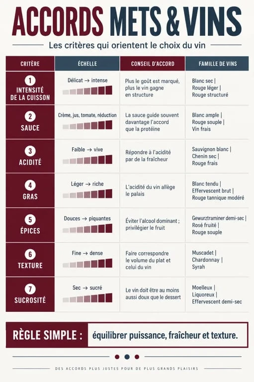 Quel vin servir : infographie des accords entre plats, sauces et styles de vins