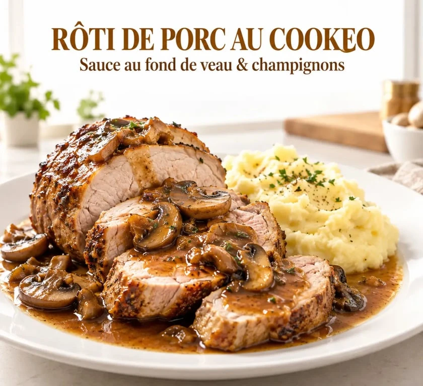 Rôti de porc Cookeo au fond de veau et champignons servi avec une purée