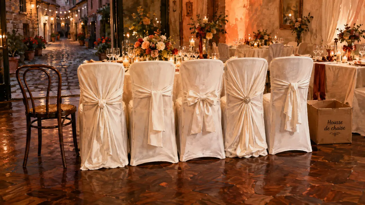 Housse de chaise de mariage sur chaises de réception, matières blanches et ivoire
